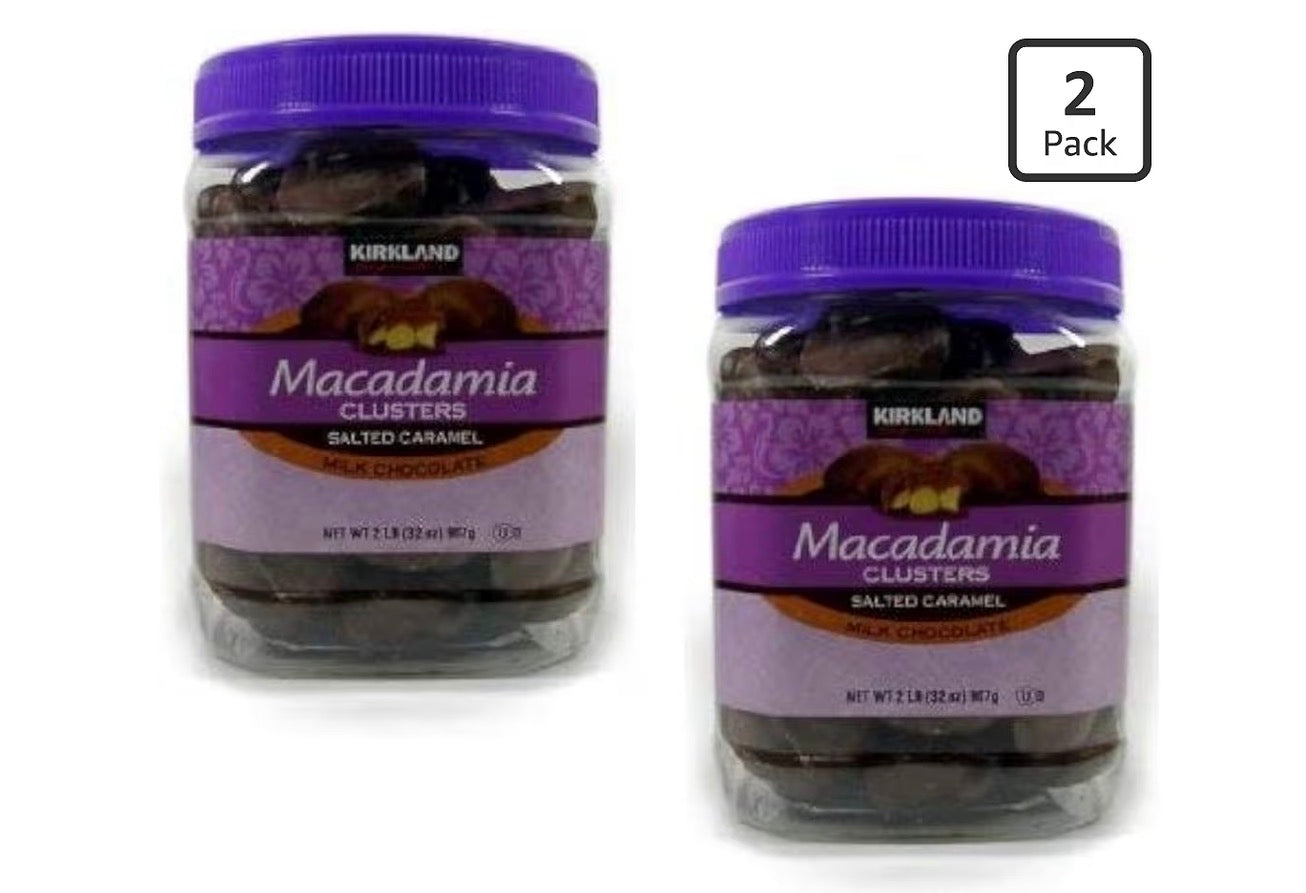 Kirkland Signature Macadamia Clusters Salted Caramel Milk Chocolate JAR - 2 Pack of 2 Lb (32 Oz) Each JAR